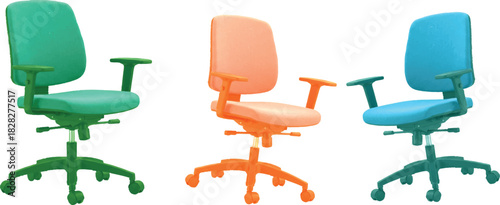 The image features a trio of office chairs, each presented in a distinct color against a clean white background, allowing for a clear focus on their individual characteristics.