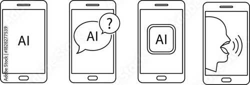 Smartphone AI interface illustration set, voice assistant, app button, user query, digital interaction, vector artwork, white background
