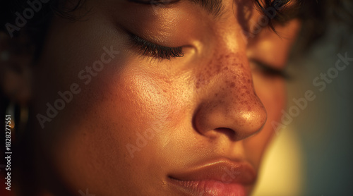 Extreme Close-up Portrait of a Woman's Face with Freckles, Eyes Closed, Bathed in Warm, Golden Sunlight