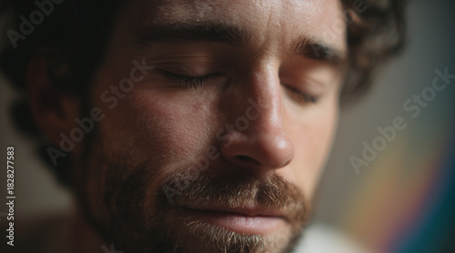 Intimate Close-up Portrait of a Man's Face with Beard, Eyes Closed, Showing a Moment of Rest or Meditation