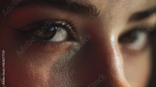 Intense Macro Close-up of a Woman's Eye with a Focused Gaze and Visible Skin Texture in Warm, Direct Light