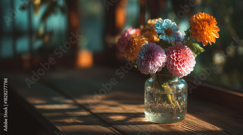 Vibrant Multi-Colored Dahlia Flowers Arranged in a Glass Jar on a Rustic Wooden Windowsill with Sunlight and Shadows