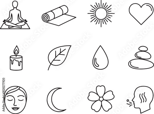 Yoga Icon Set. Yoga linear icon set: lotus pose, yoga mat, sun, leaf, heart, candle, water droplet, flower, balance stones, calm face, moon, breathing symbol.