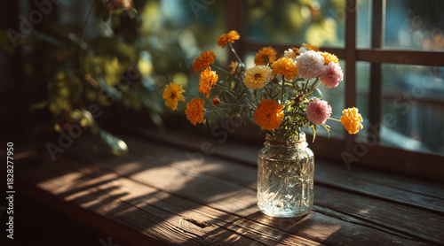 Cheerful Bouquet of Orange and Yellow Marigold Flowers in a Mason Jar on a Sunny Wooden Window Ledge with Bokeh Effect