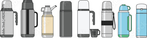 Thermos bottle illustration set, insulated containers, colorful designs, beverage storage, travel mugs, vector artwork, white background