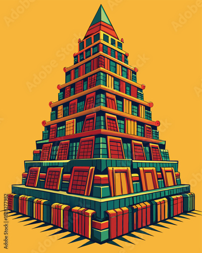 Explore vibrant Aztec architecture with this striking pyramid illustration perfect for travel posters, history books, or cultural marketing materials