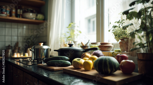 Rustic Kitchen Countertop Filled with Fresh Vegetables, Fruits, and Cooking Pots Illuminated by Bright Window Light