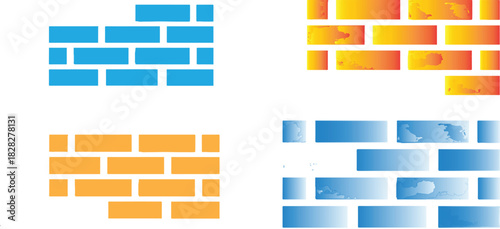 The image features a vibrant and colorful collection of brick wall patterns divided into four quadrants, each showcasing a distinct color scheme and design.