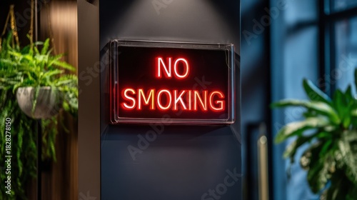 Bright no smoking sign illuminated in a modern indoor space with greenery, encouraging a healthy environment