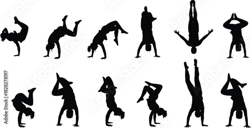 Yoga and acrobatic balance silhouettes showing flexible poses, handstands, strength training movements, athletic body positions for fitness, exercise, and sport illustrations