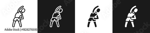 Standing Stretch Line And Solid Version Icon Set With Black And White Background
