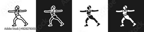 Lunge Twist Line And Solid Version Icon Set With Black And White Background