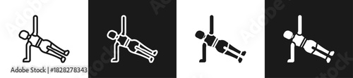 Side Plank Stretch Line And Solid Version Icon Set With Black And White Background