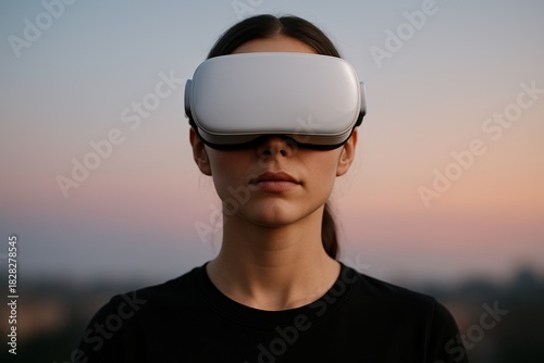 A young woman wearing a sleek white virtual reality headset gazes upward at sunset, standing against a blurred cityscape. The image symbolizes the connection between human curiosity and futuristic tec