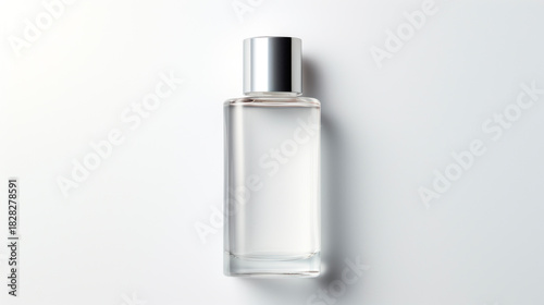 minimalist, skincare product, white glass bottle, silver cap, cosmetic, container, toner bottle, cosmetic bottle, skincare, transparent bottle, clear bottle