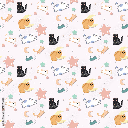 Cute cartoon cat seamless pattern. White background with stars, moons, and colorful cats. Vector texture for fabric, wallpaper, or gift wrap.