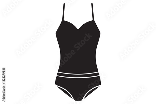 Black one piece swimsuit with thin straps and banded waist detail isolated on white background