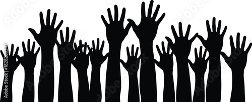 Raised hands silhouette illustration set, black vector, participation theme, voting, volunteering, unity, support, community artwork