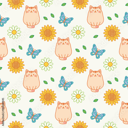 Seamless pattern of cartoon cats, sunflowers, and butterflies. Colorful illustration of animals and flowers. White background texture. Vector design