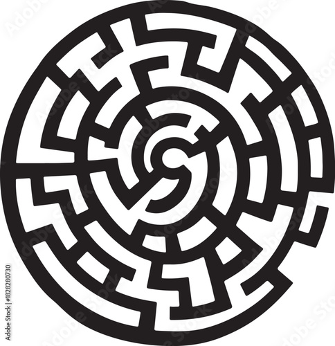 Black and white circular maze graphic labyrinth round