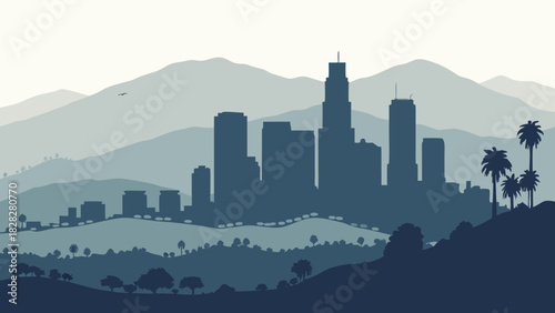 Los angeles skyline silhouette with mountains and palm trees, perfect for travel ads, city guides, and californiathemed designs.