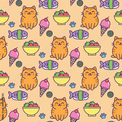 Seamless pattern of cartoon cats, ice cream cones, and fish. Colorful cartoon illustration. Orange cat, pink ice cream. Vector texture background.