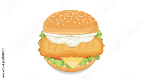 Delicious Fish Sandwich with Tartar Sauce and Cheese on a Sesame Seed Bun