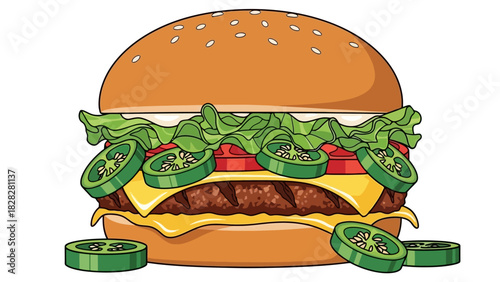 Delicious Spicy Burger Illustration with Fresh Ingredients