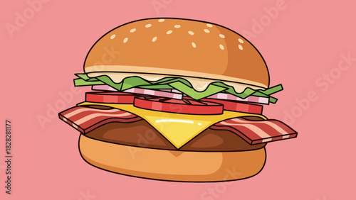 Delicious Gourmet Burger Illustration with Bacon and Cheese on Pink Background
