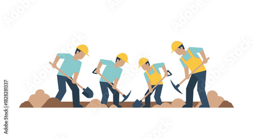 Diligent construction crew digging soil with shovels and pickaxes, wearing protective helmets, a vibrant symbol of teamwork and progress on site