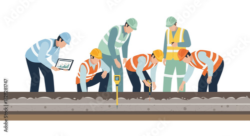 Construction team testing soil integrity with modern tools and tablet, ensuring safety and quality control on site, ideal for engineering projects