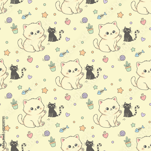 Seamless pattern of cartoon cats and dog. White and black felines. Colorful stars, hearts, and treats. Pastel background texture. Vector illustration