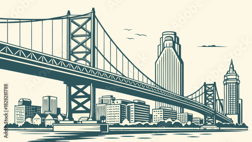 Philadelphia skyline vector with suspension bridge silhouette, ideal for urbanthemed designs and travelrelated projects, creating a stunning cityscape illustration.
