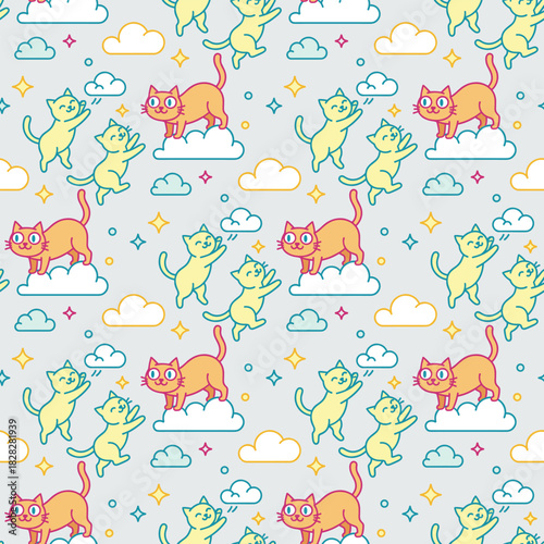 Seamless pattern of cartoon cats and clouds. Colorful illustration with kittens, clouds, and stars. Whimsical design for fabric, wallpaper, or gift