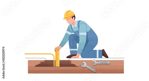 Professional plumber in safety gear working on underground pipes with wrenches, perfect for construction or infrastructure projects and maintenance solutions
