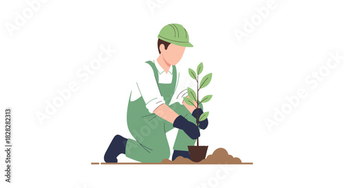Enthusiastic gardener planting sapling to help the planet, symbolizing growth, sustainability, and environmental responsibility in modern design
