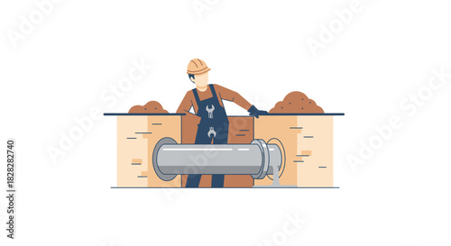 Plumber fixing a leaking pipe underground with wrench, a crucial service for infrastructure maintenance and water conservation projects
