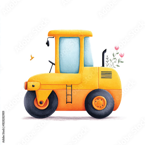 Cute Watercolor Road Roller Illustration with Flowers and Bird