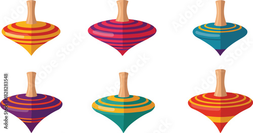 Collection of colorful wooden spinning tops vector illustration featuring striped patterns and classic design for children playtime and games.