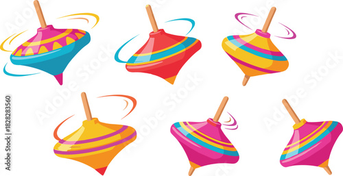 Colorful vector set of cartoon spinning tops with motion lines representing classic children toys and fun playtime.