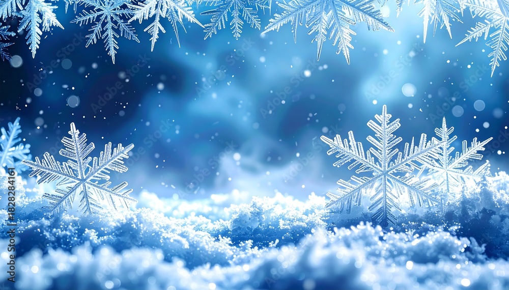 Winter holiday New Year scene with frosty textures, icy blue glow, delicate crystal snowflakes, magical atmosphere, high-resolution