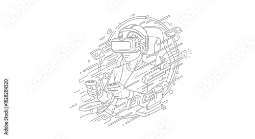 Person immersed in virtual reality with headset and controllers line art style illustration