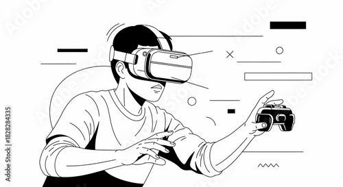 Immersed in Virtual Reality: A Monochromatic Illustration of a Gamer Experiencing VR
