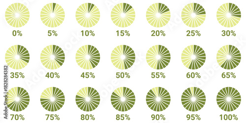 Pie chart full set. pie charts displaying progress from 0% to 100%, perfect for data visualization, infographics, and loading indicators.