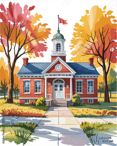 Red brick building with clock tower and autumn trees architecture