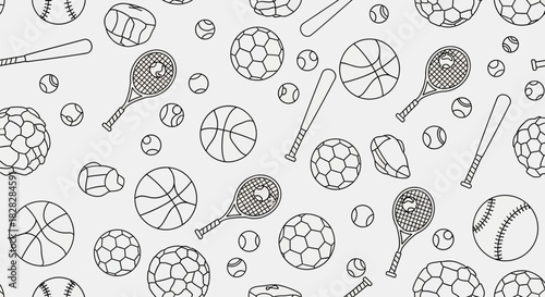 Dynamic seamless pattern featuring various sporting equipment icons in black and white design