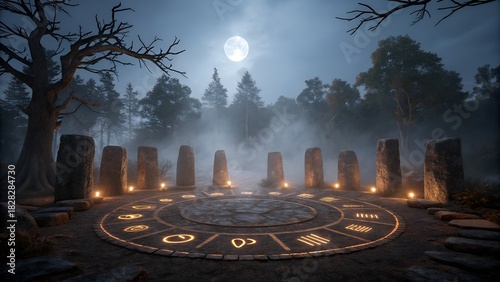 Mystical Stone Circle Under Full Moon in a Foggy Forest