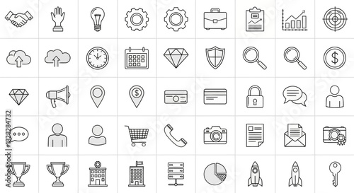 Collection of minimalist outline icons representing business finance and technology concepts