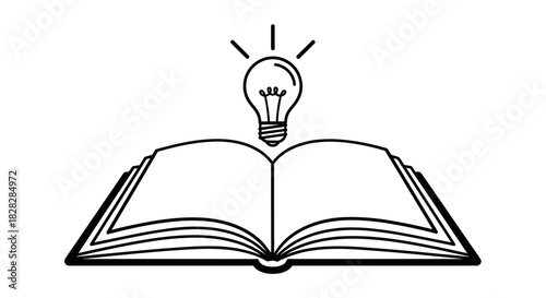 Illustration of an open book with a glowing lightbulb above symbolizing knowledge and education