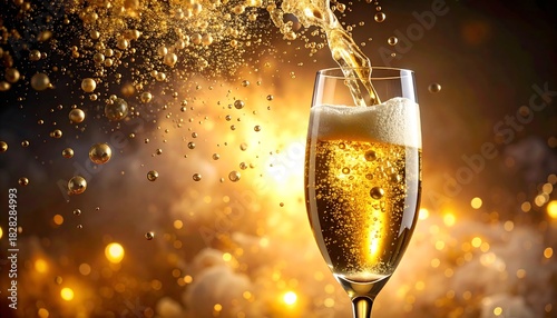 Sparkling Happy New Year celebration with champagne bubbles, golden glitter cloud, warm festive lights, premium composition.